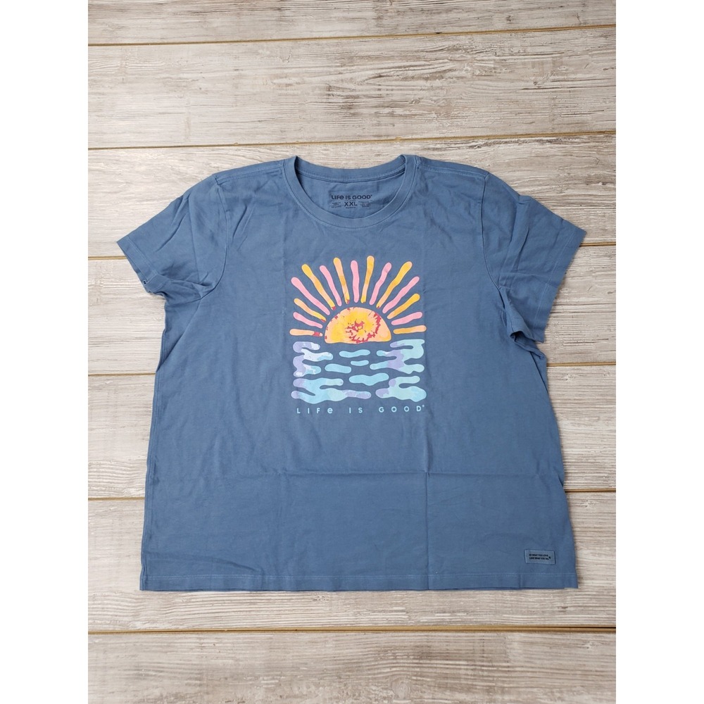 Life Is Good T-Shirt Womens XXL Tall Blue Crew Neck Short Sleeve Sunset NWT